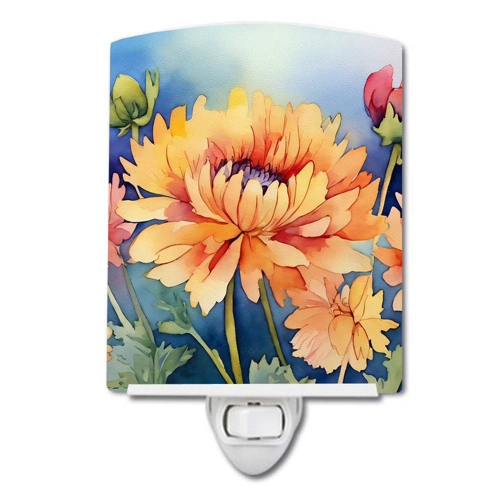 Chrysanthemums in Watercolor Ceramic Night Light