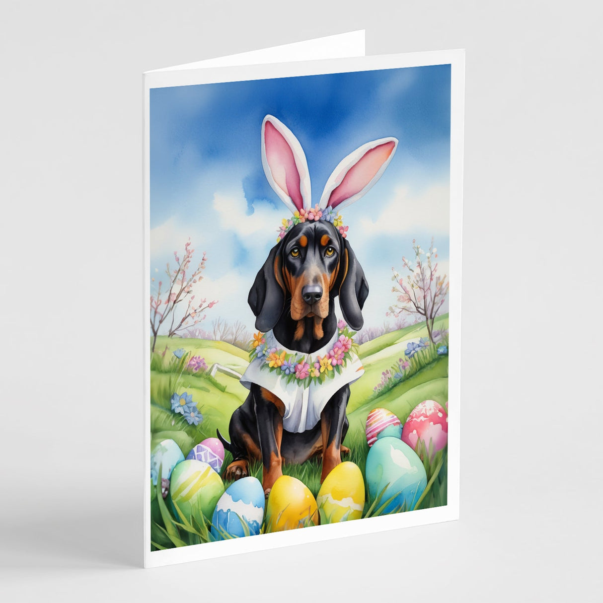 Black and Tan Coonhound Easter Egg Hunt Greeting Cards Pack of 8