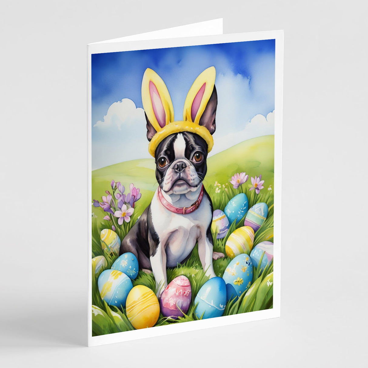 Boston Terrier Easter Egg Hunt Greeting Cards Pack of 8