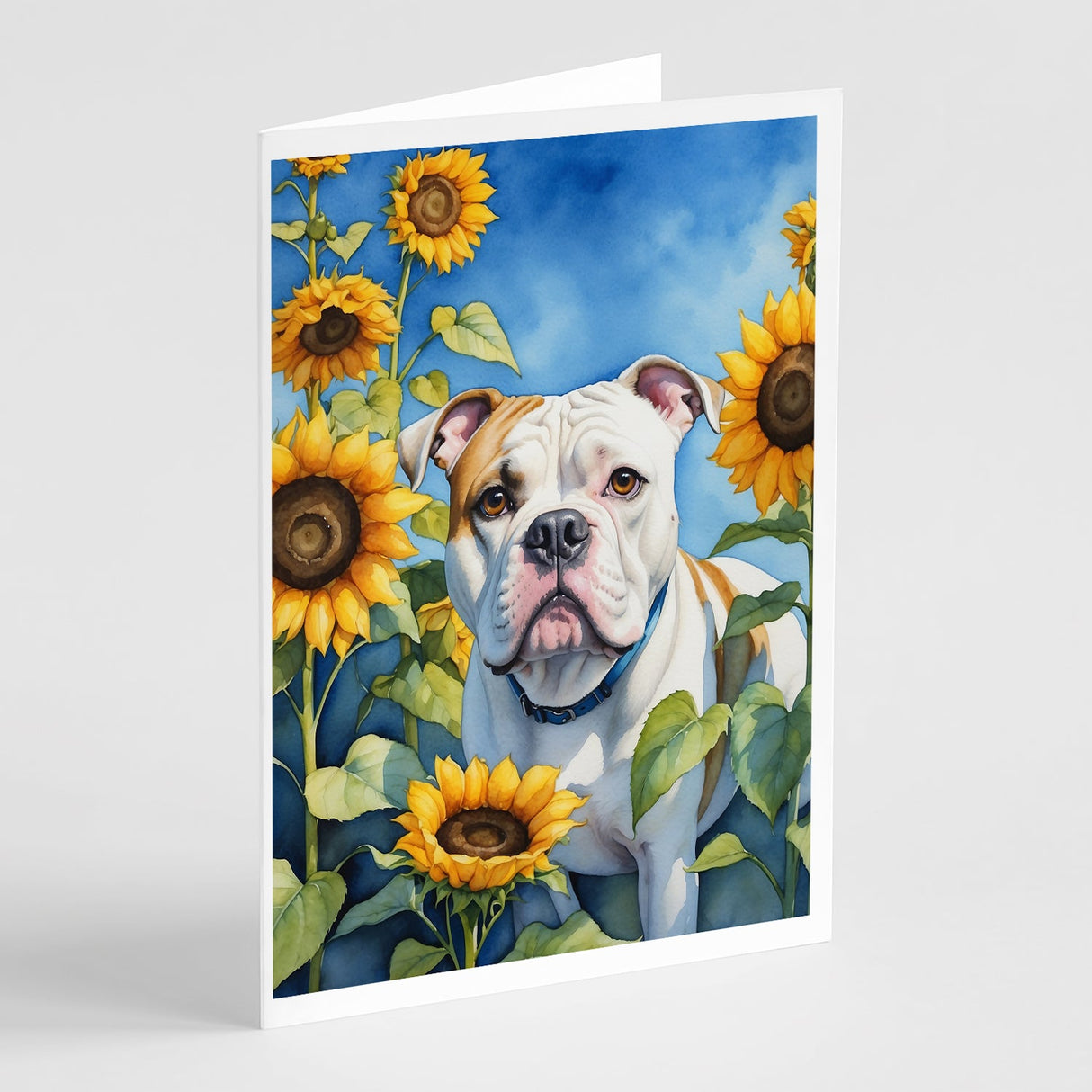 American Bulldog in Sunflowers Greeting Cards Pack of 8