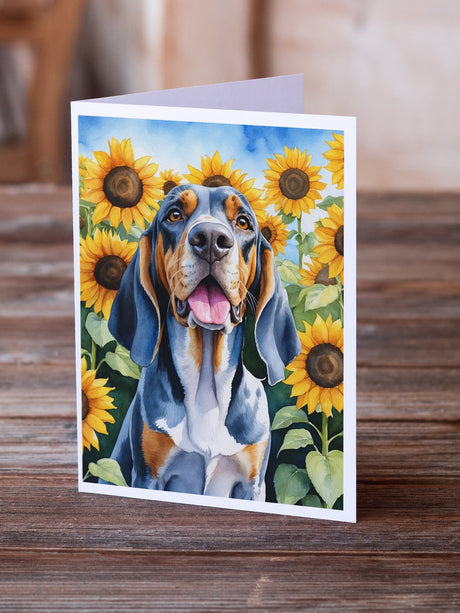 American English Coonhound in Sunflowers Greeting Cards Pack of 8