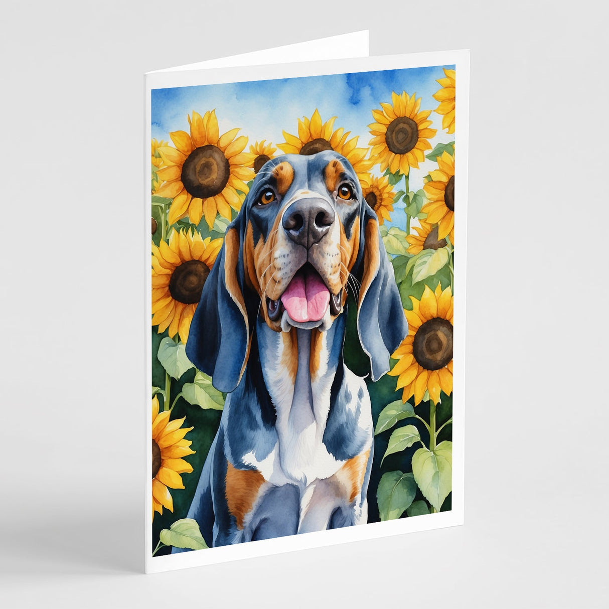 American English Coonhound in Sunflowers Greeting Cards Pack of 8