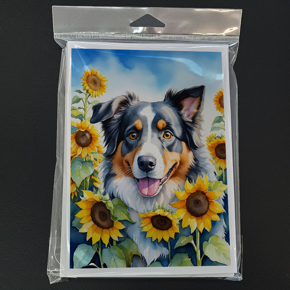 Australian Shepherd in Sunflowers Greeting Cards Pack of 8