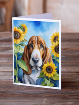 Basset Hound in Sunflowers Greeting Cards Pack of 8