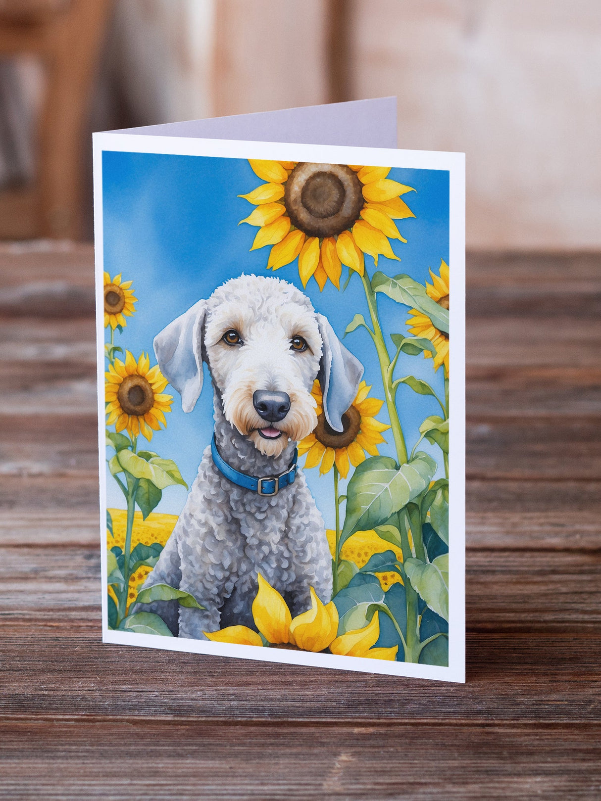 Bedlington Terrier in Sunflowers Greeting Cards Pack of 8