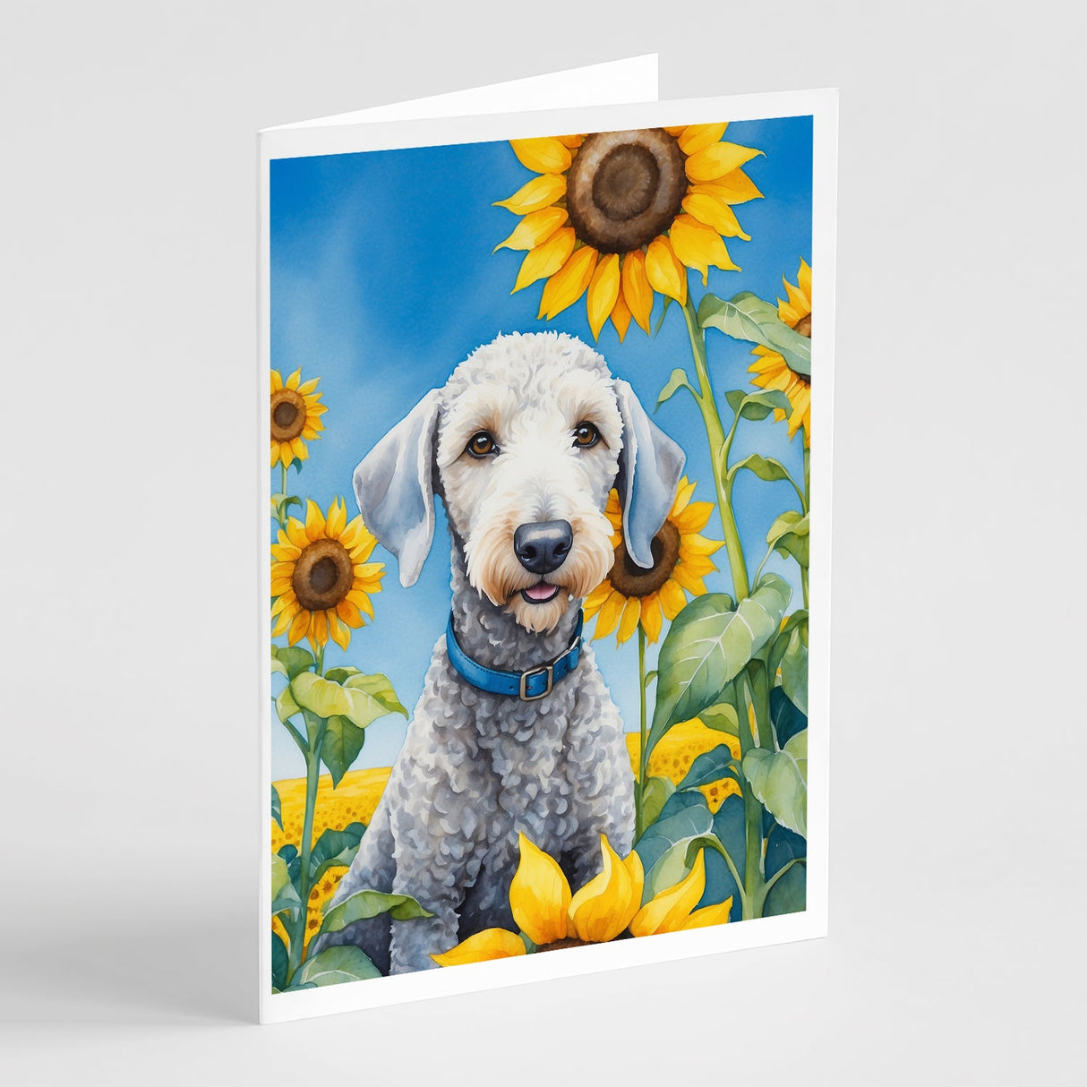 Bedlington Terrier in Sunflowers Greeting Cards Pack of 8