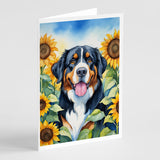 Bernese Mountain Dog in Sunflowers Greeting Cards Pack of 8