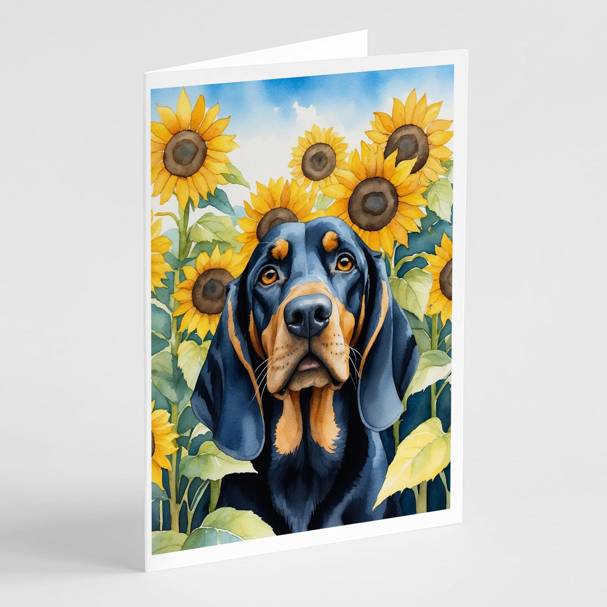 Black and Tan Coonhound in Sunflowers Greeting Cards Pack of 8