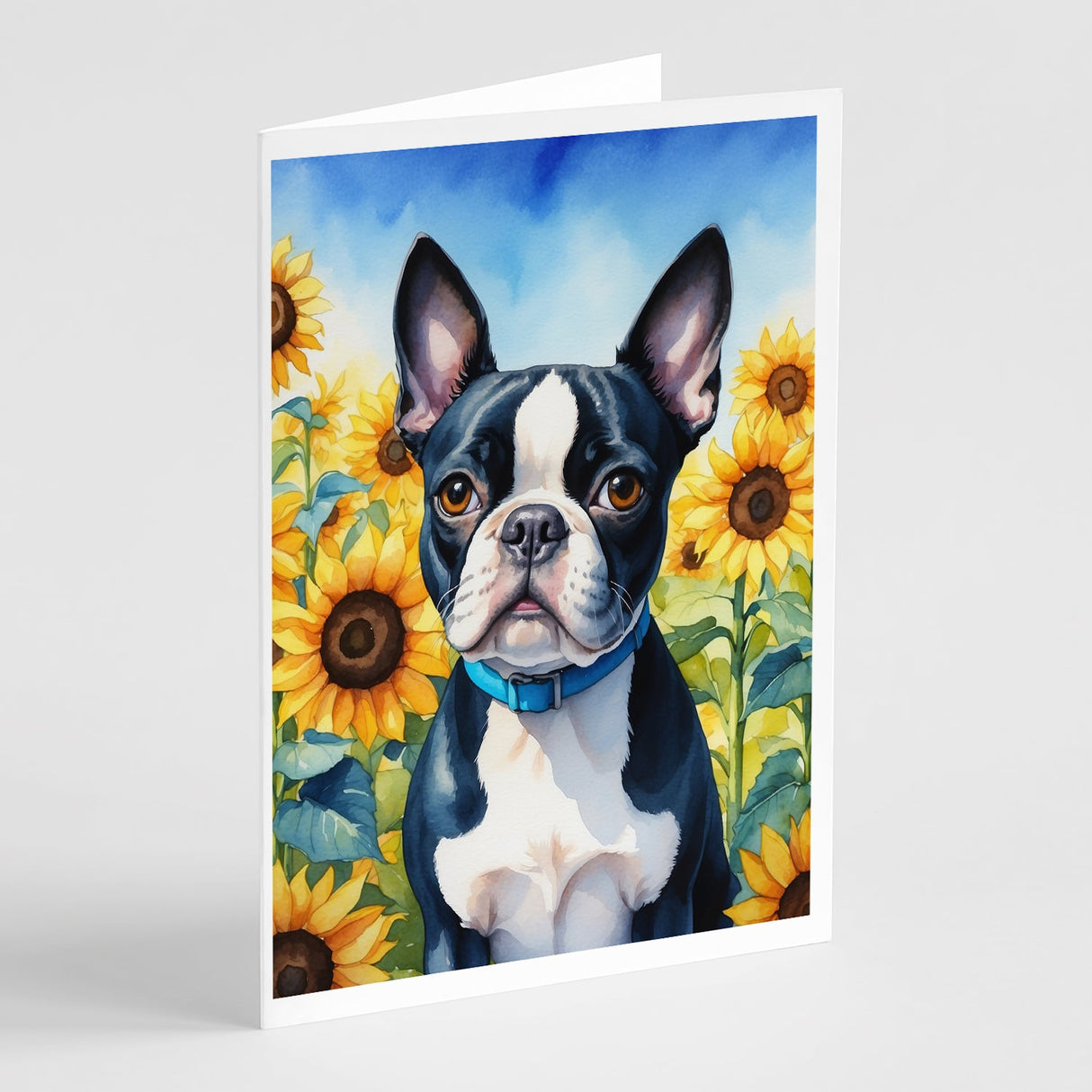 Boston Terrier in Sunflowers Greeting Cards Pack of 8