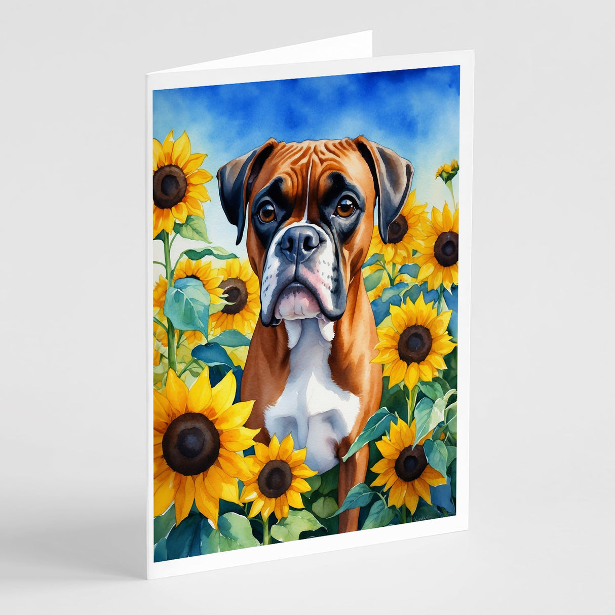 Boxer in Sunflowers Greeting Cards Pack of 8