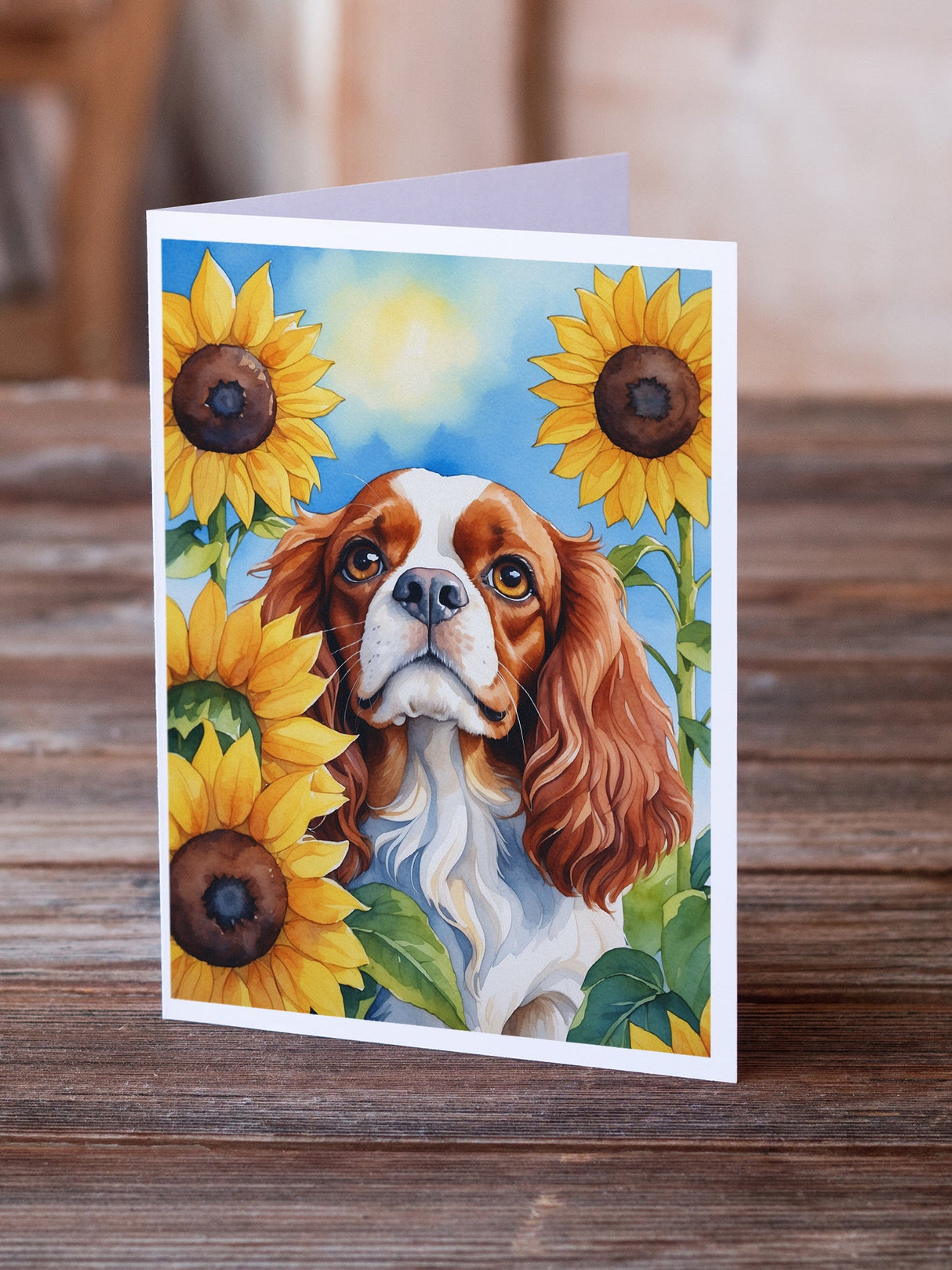 Cavalier Spaniel in Sunflowers Greeting Cards Pack of 8