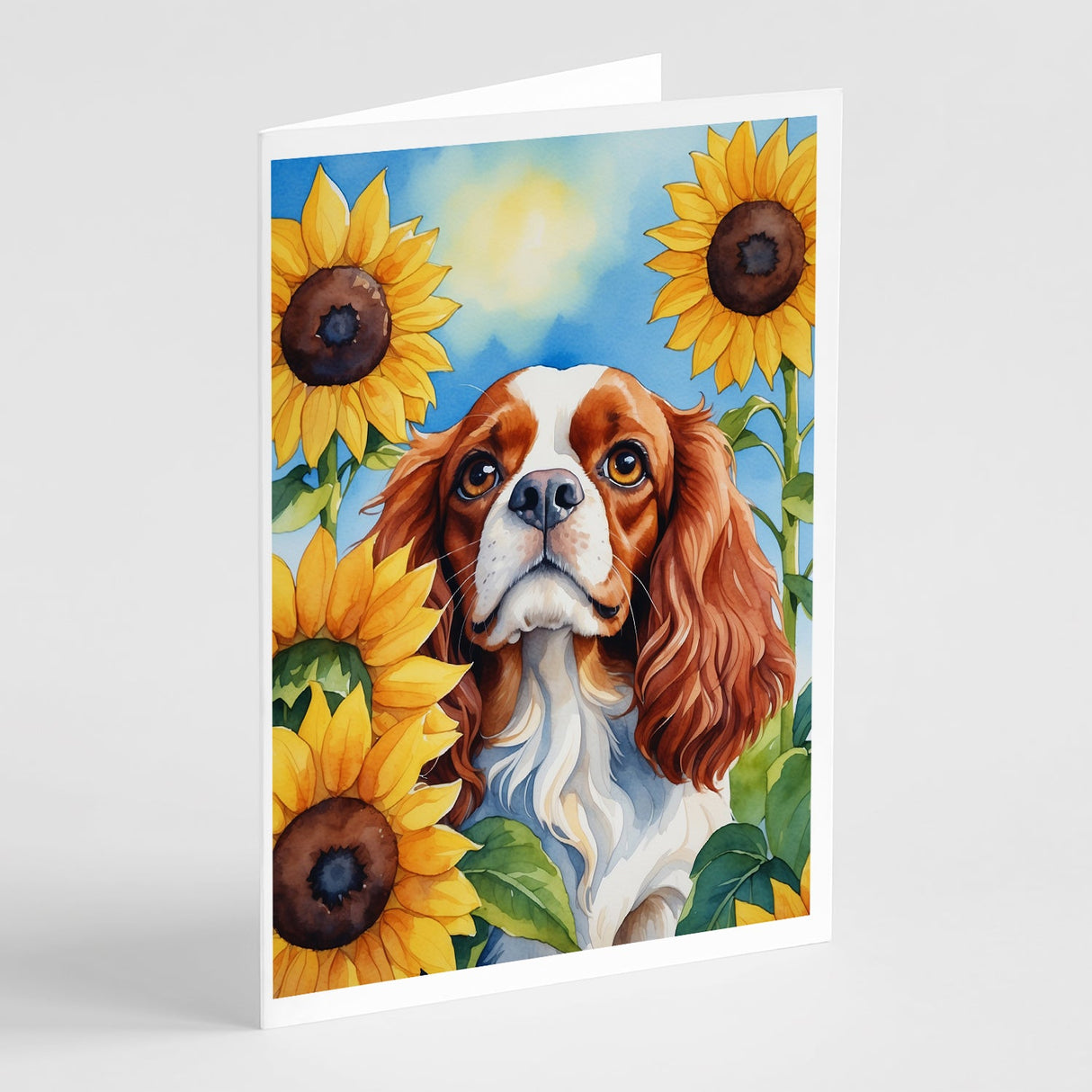 Cavalier Spaniel in Sunflowers Greeting Cards Pack of 8