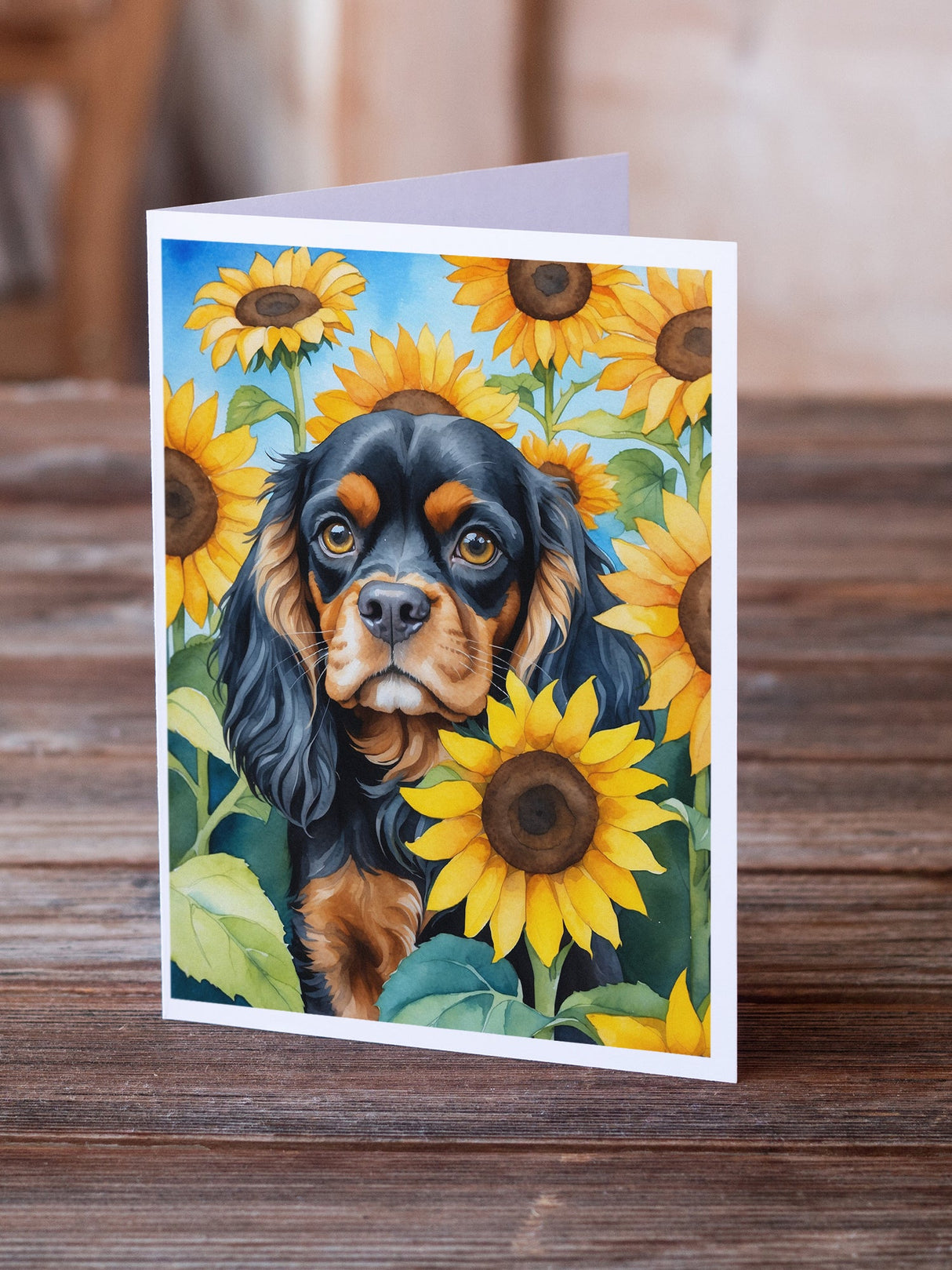 Cavalier Spaniel in Sunflowers Greeting Cards Pack of 8