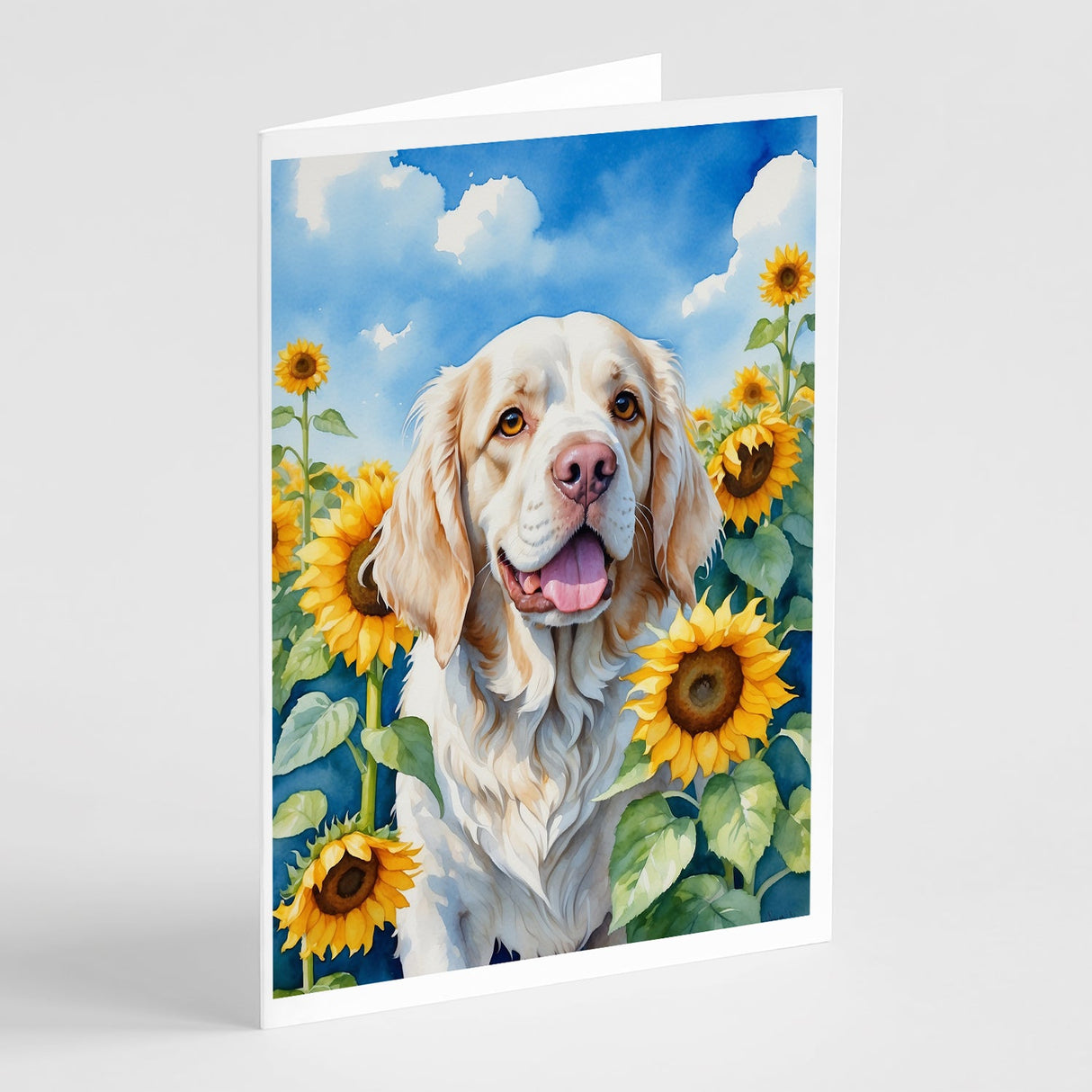 Clumber Spaniel in Sunflowers Greeting Cards Pack of 8