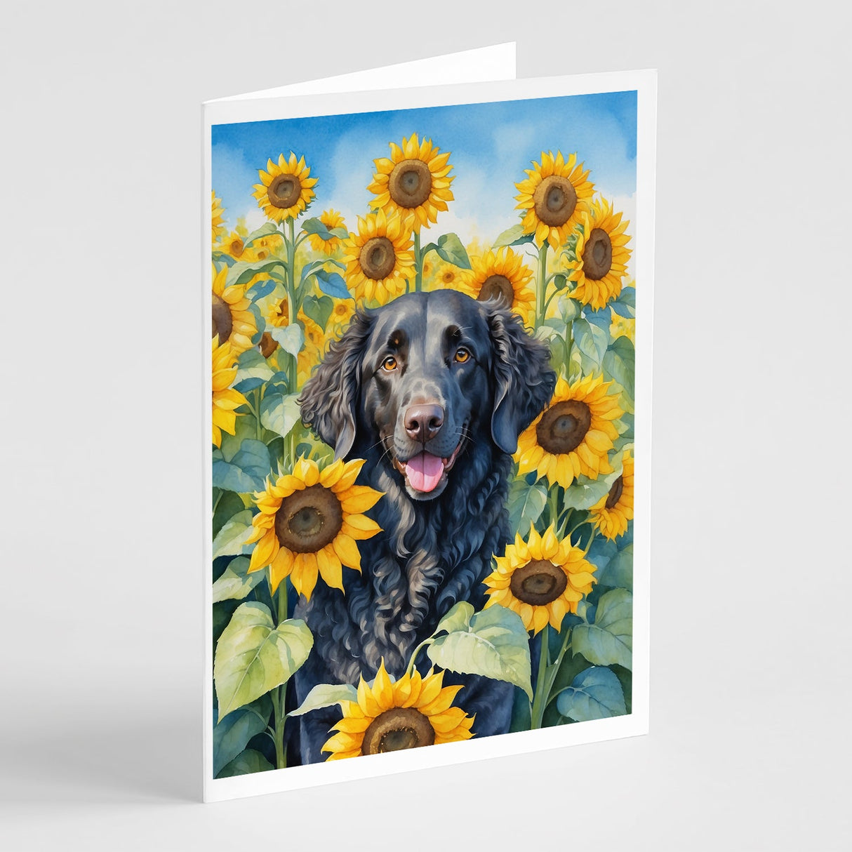 Curly-Coated Retriever in Sunflowers Greeting Cards Pack of 8