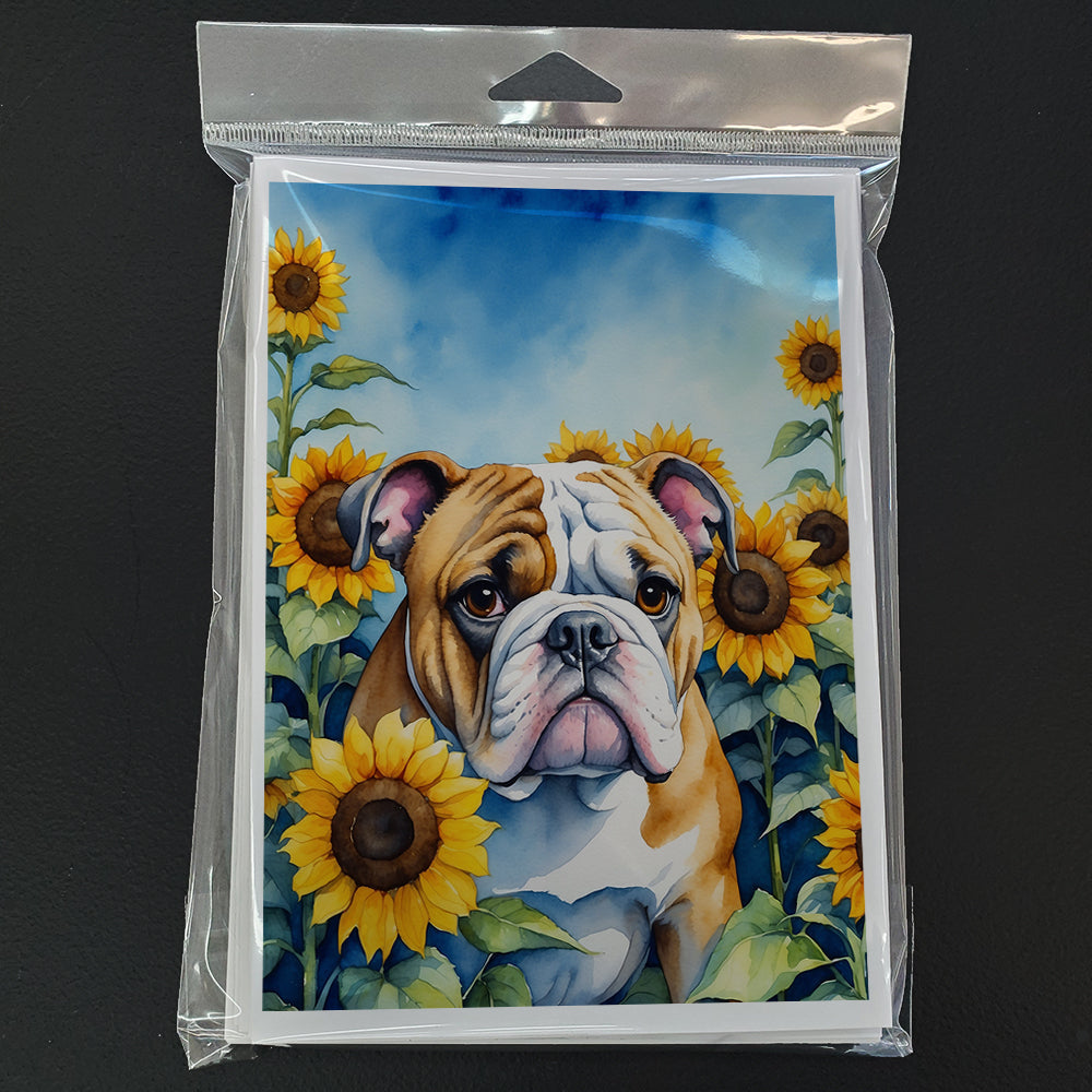 English Bulldog in Sunflowers Greeting Cards Pack of 8