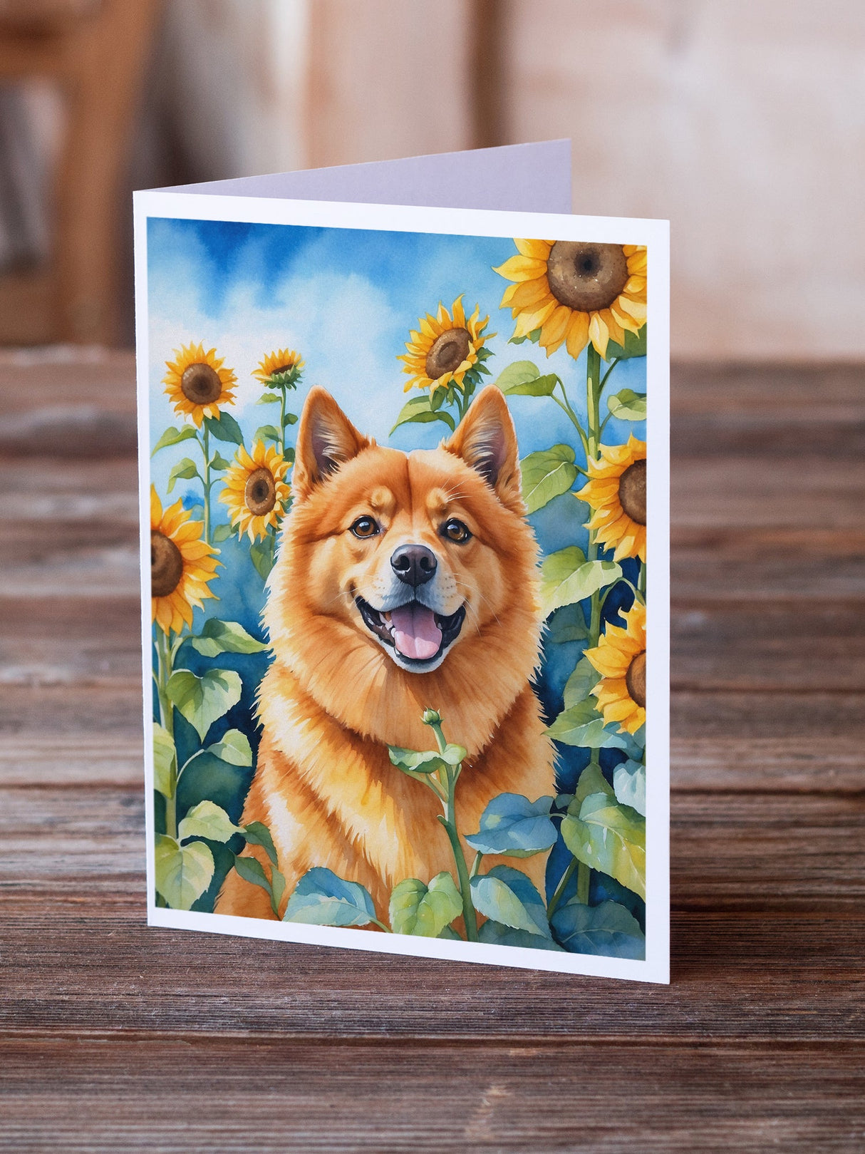 Finnish Spitz in Sunflowers Greeting Cards Pack of 8