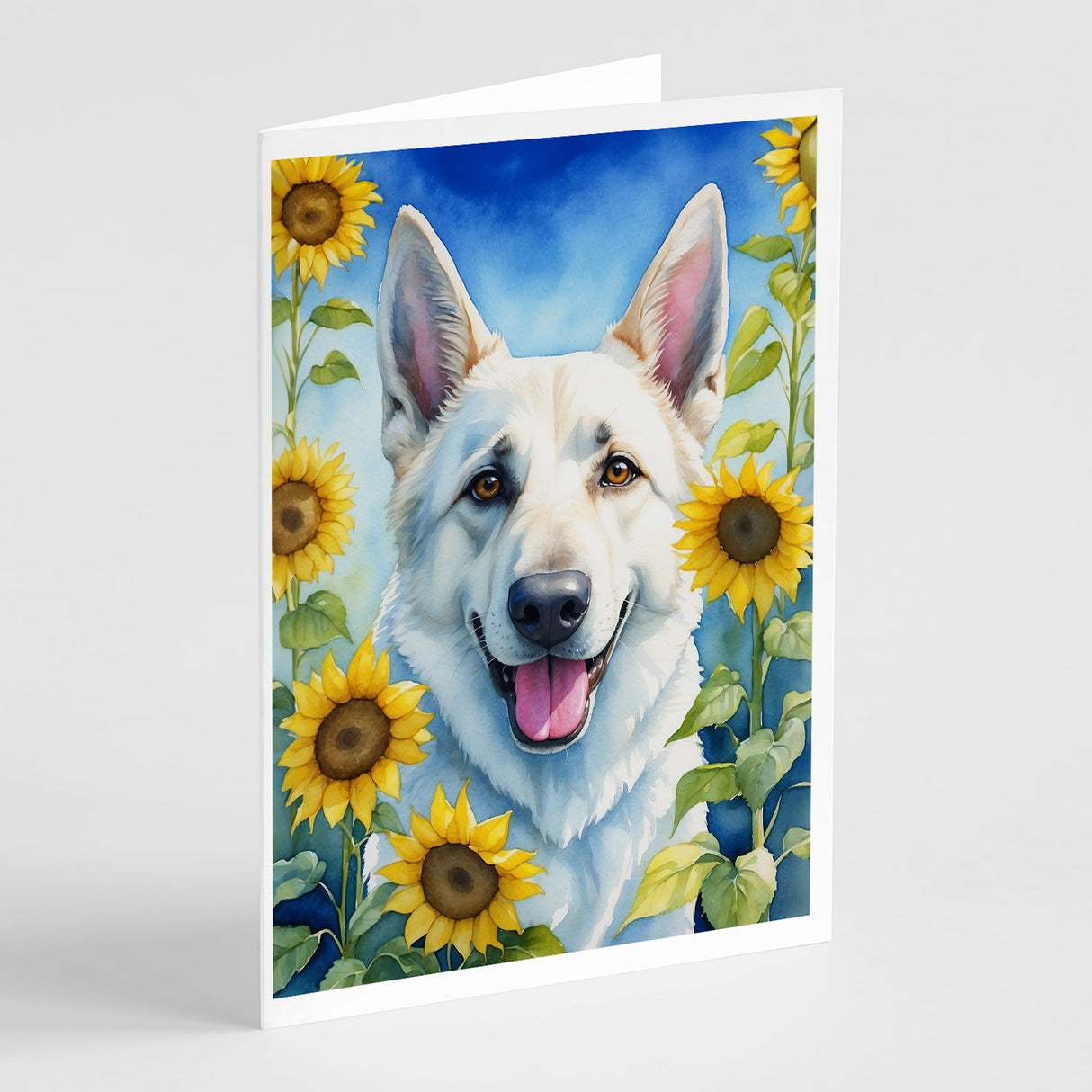 White German Shepherd in Sunflowers Greeting Cards Pack of 8