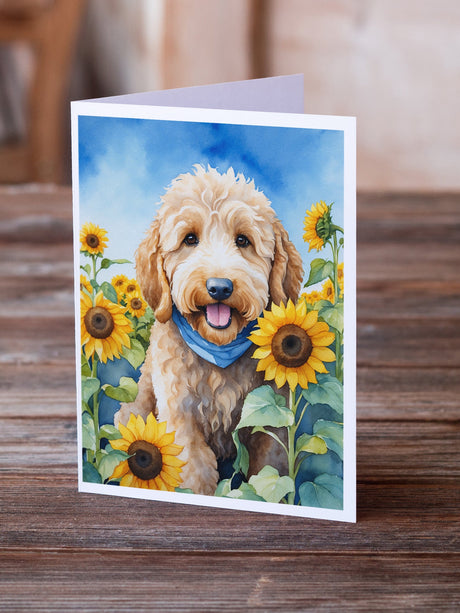 Goldendoodle in Sunflowers Greeting Cards Pack of 8