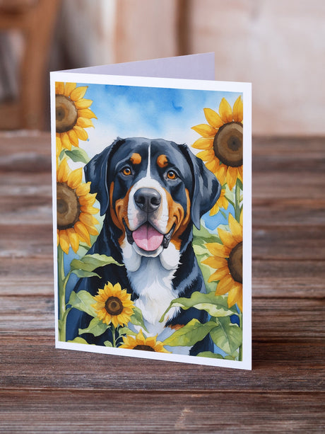 Greater Swiss Mountain Dog in Sunflowers Greeting Cards Pack of 8