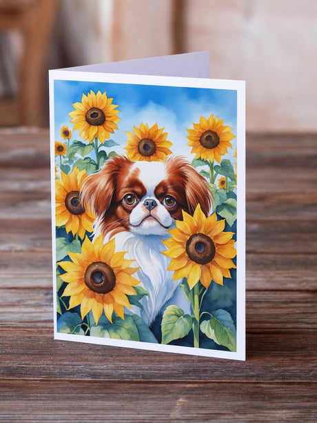 Japanese Chin in Sunflowers Greeting Cards Pack of 8