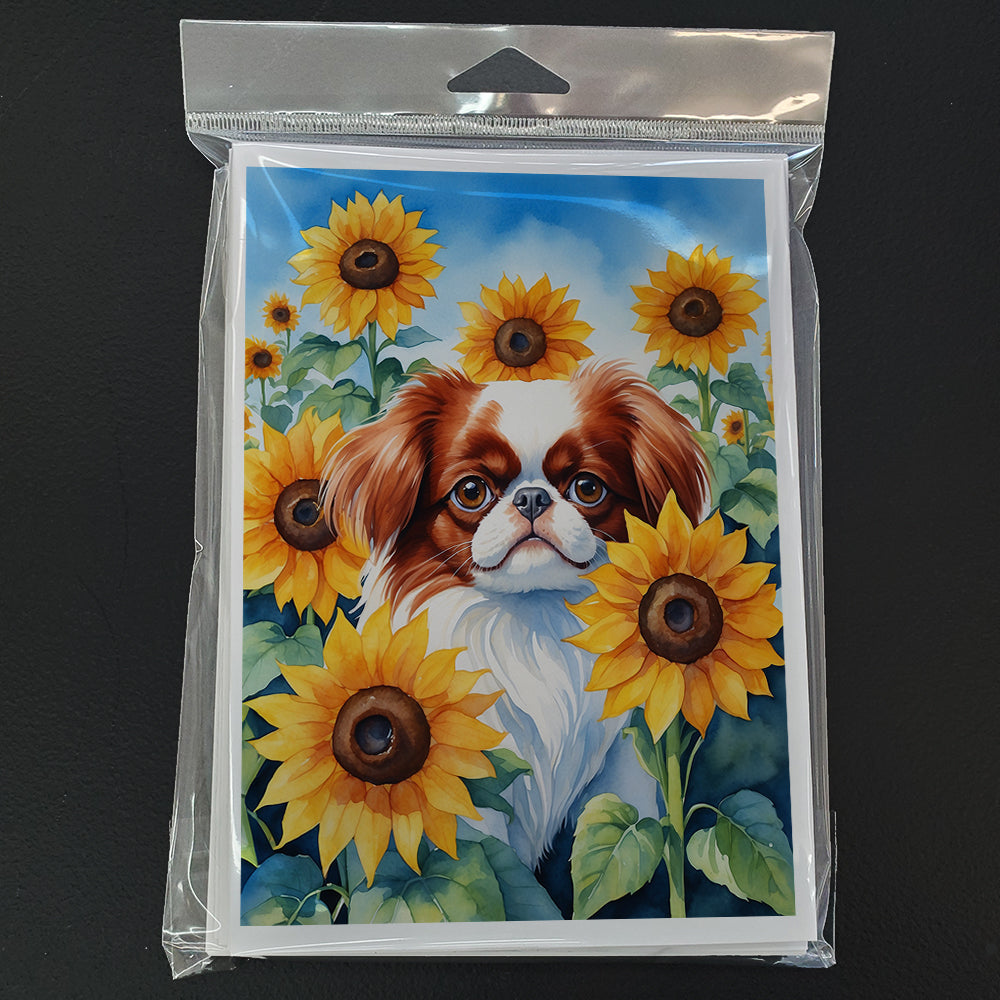 Japanese Chin in Sunflowers Greeting Cards Pack of 8