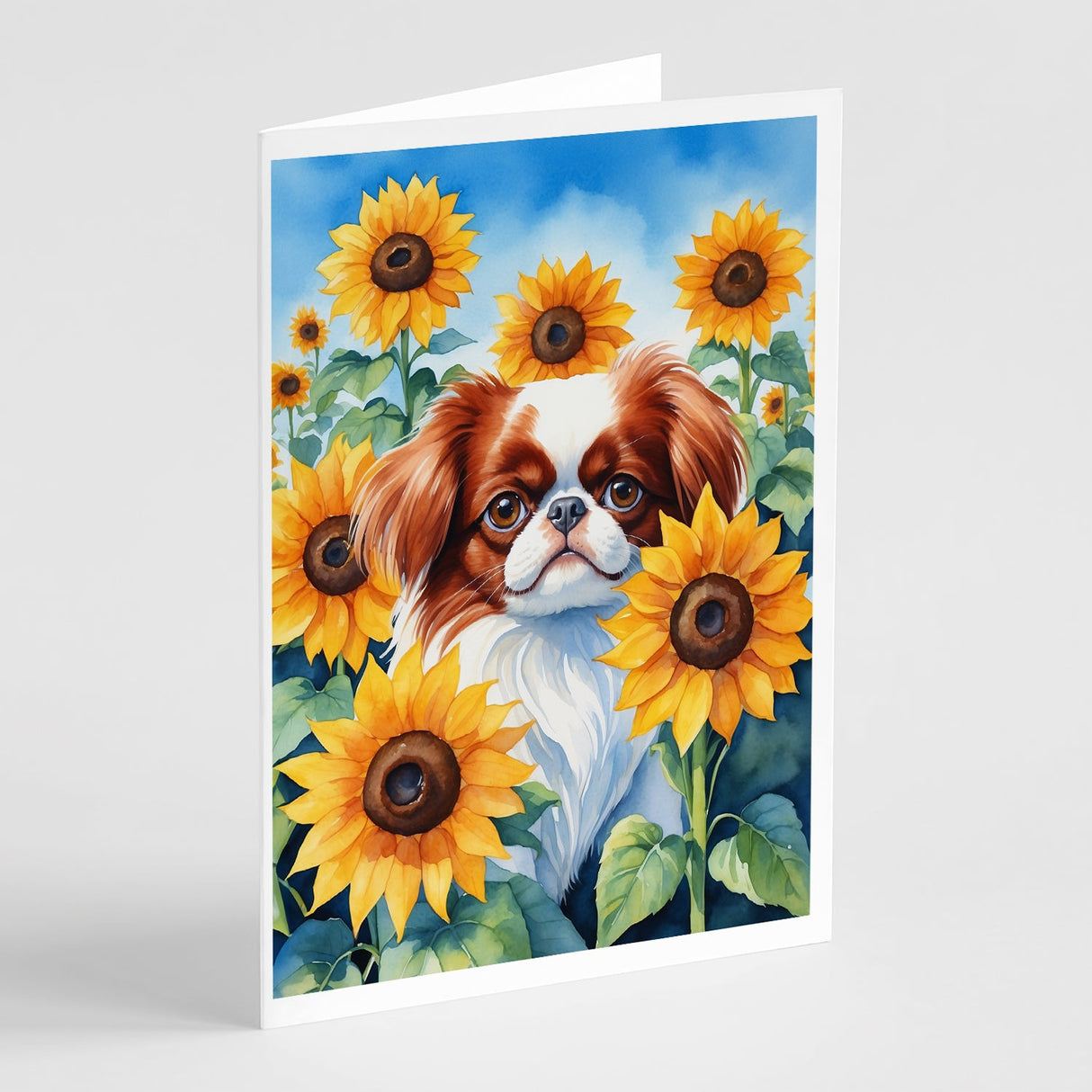 Japanese Chin in Sunflowers Greeting Cards Pack of 8