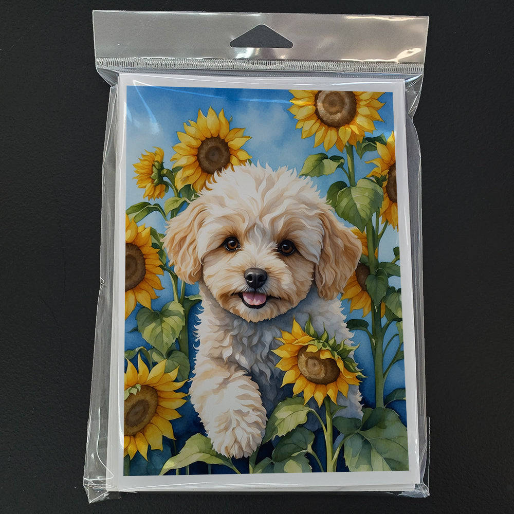 Maltipoo in Sunflowers Greeting Cards Pack of 8