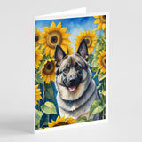 Norwegian Elkhound in Sunflowers Greeting Cards Pack of 8