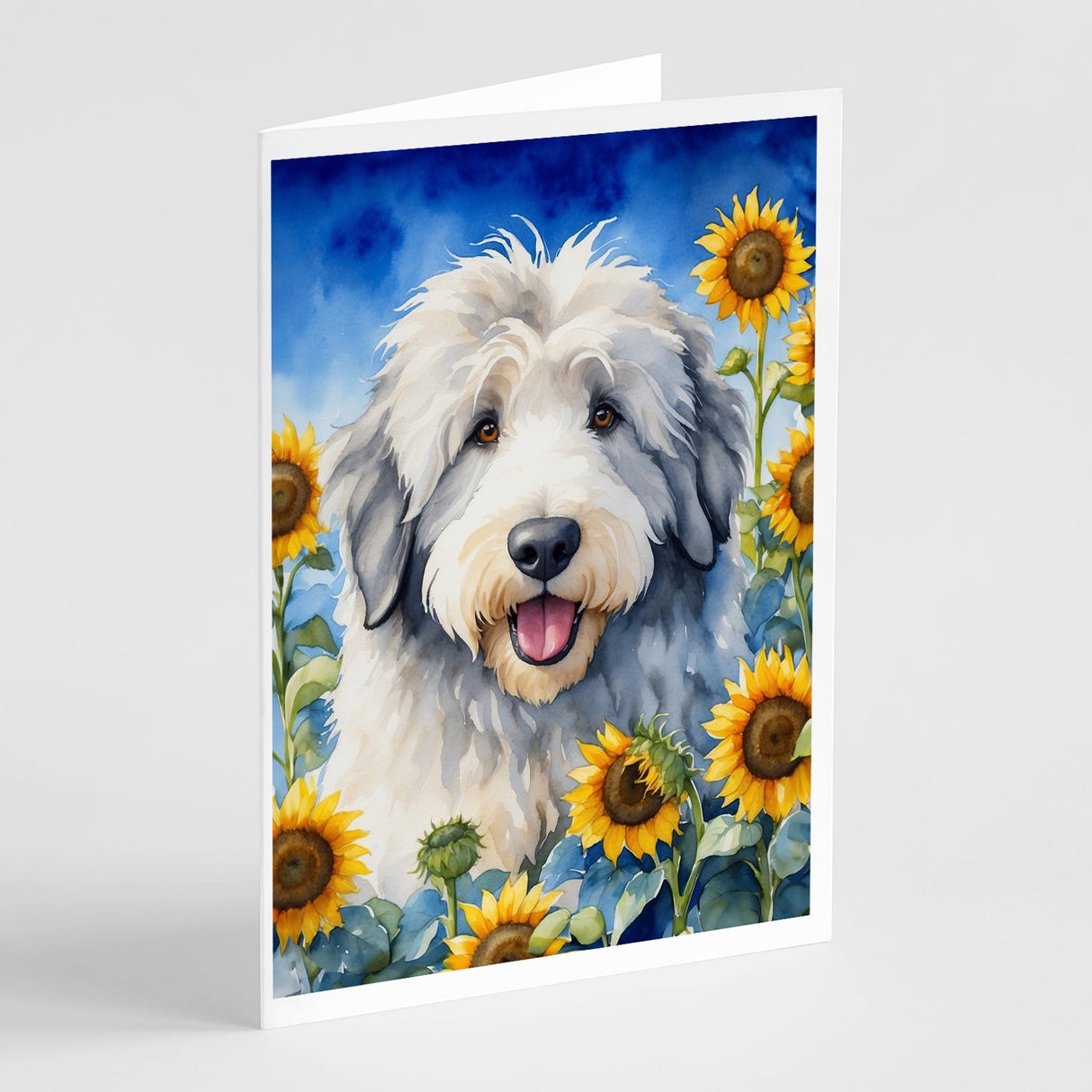 Old English Sheepdog in Sunflowers Greeting Cards Pack of 8