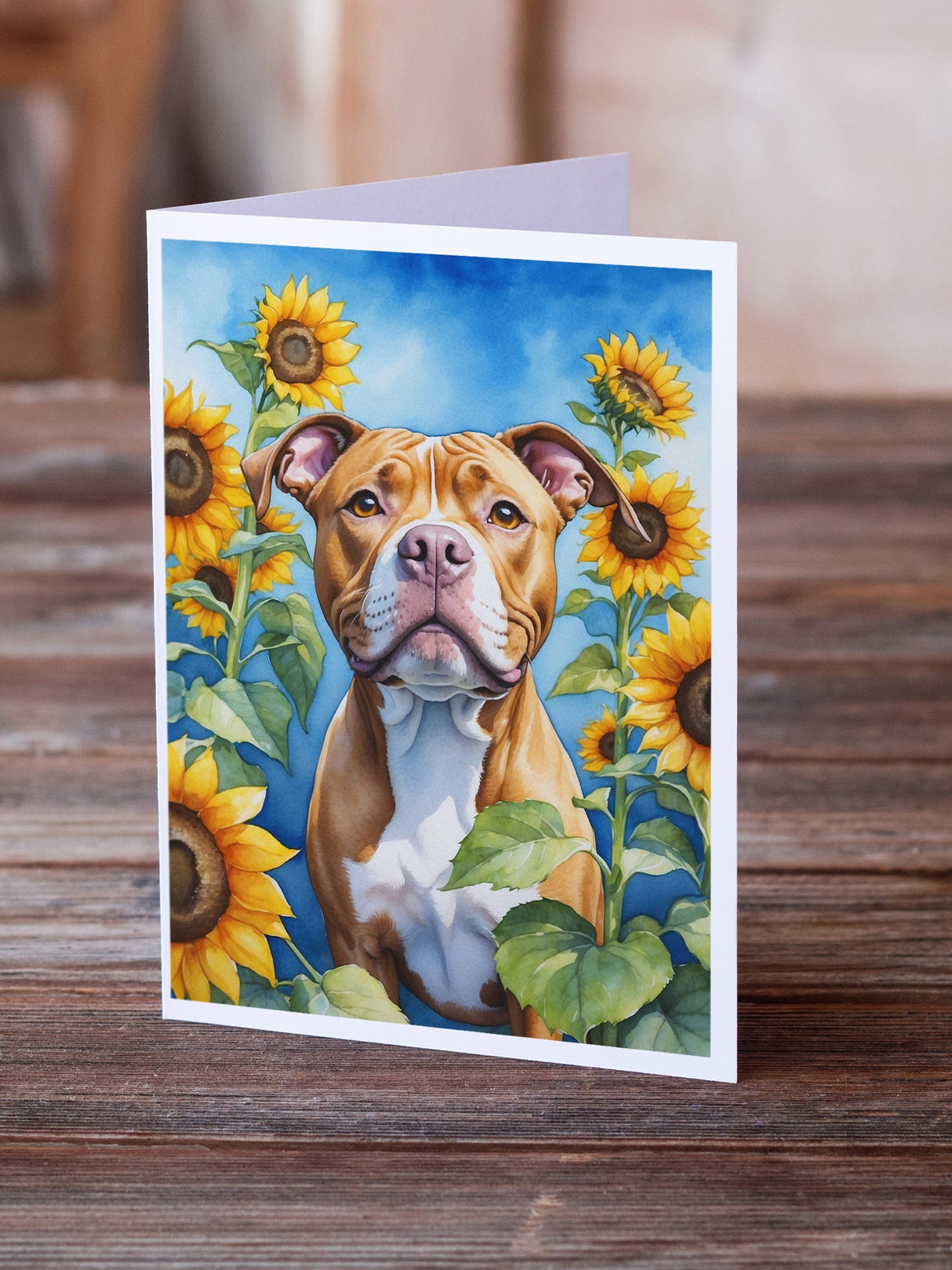 Pit Bull Terrier in Sunflowers Greeting Cards Pack of 8