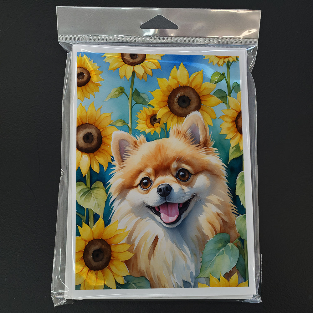 Pomeranian in Sunflowers Greeting Cards Pack of 8