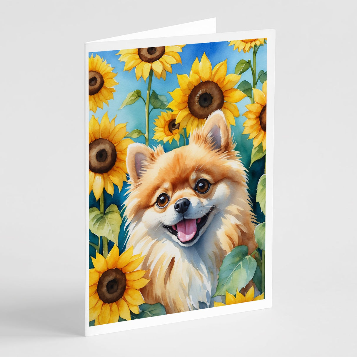 Pomeranian in Sunflowers Greeting Cards Pack of 8