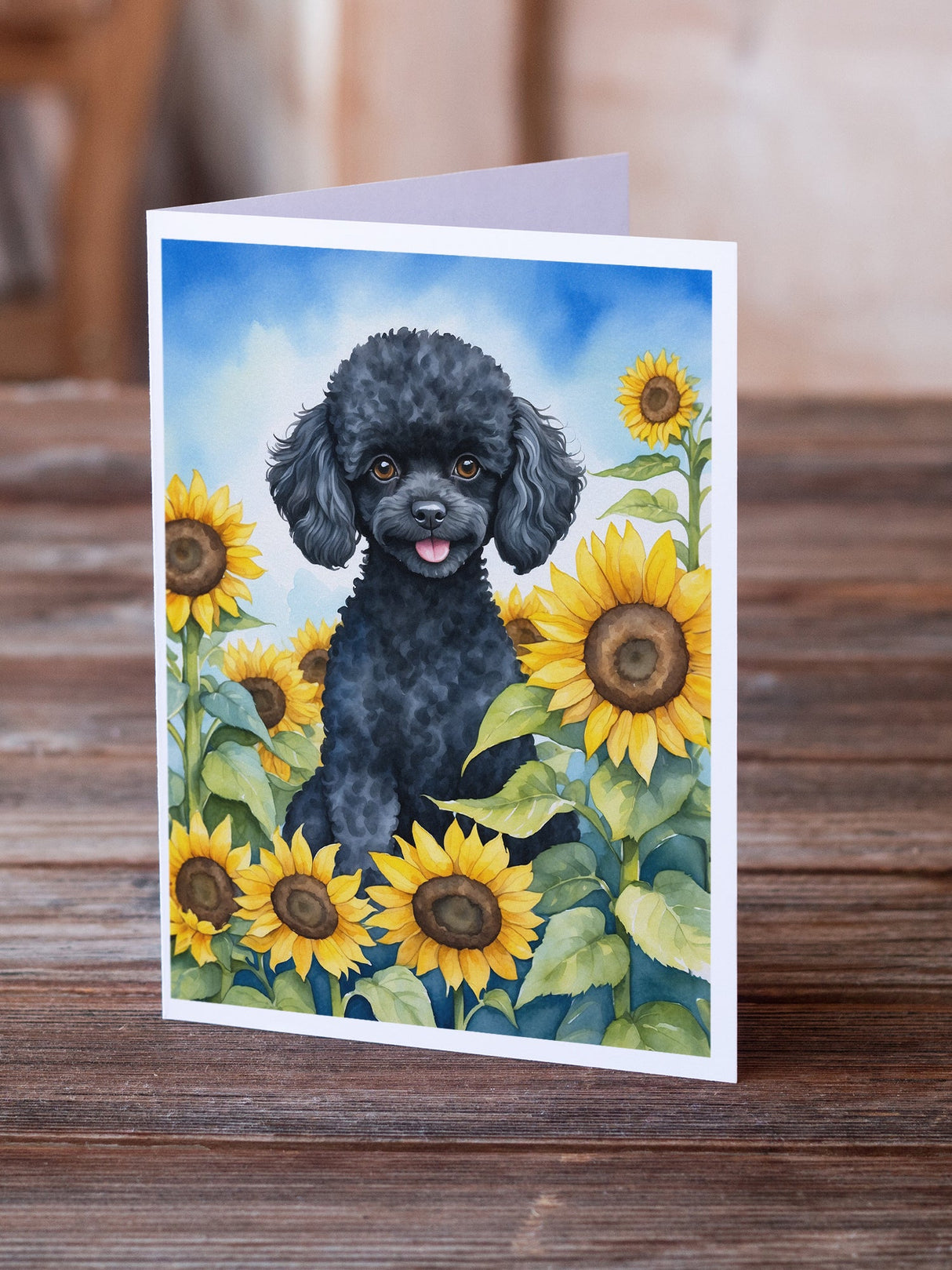 Black Poodle in Sunflowers Greeting Cards Pack of 8