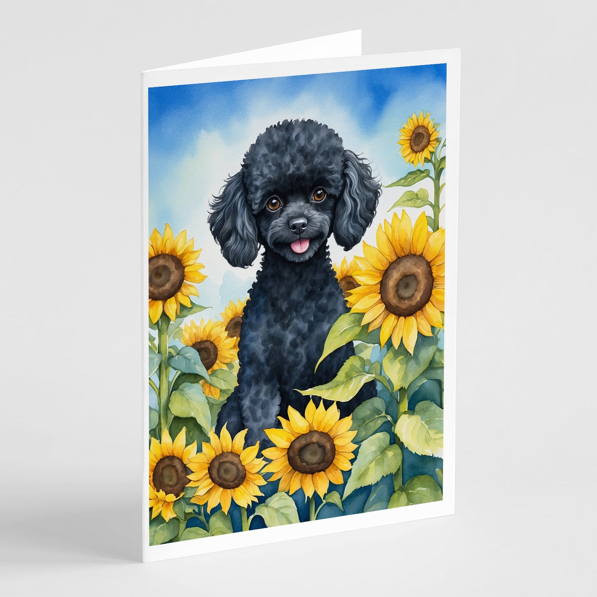 Black Poodle in Sunflowers Greeting Cards Pack of 8