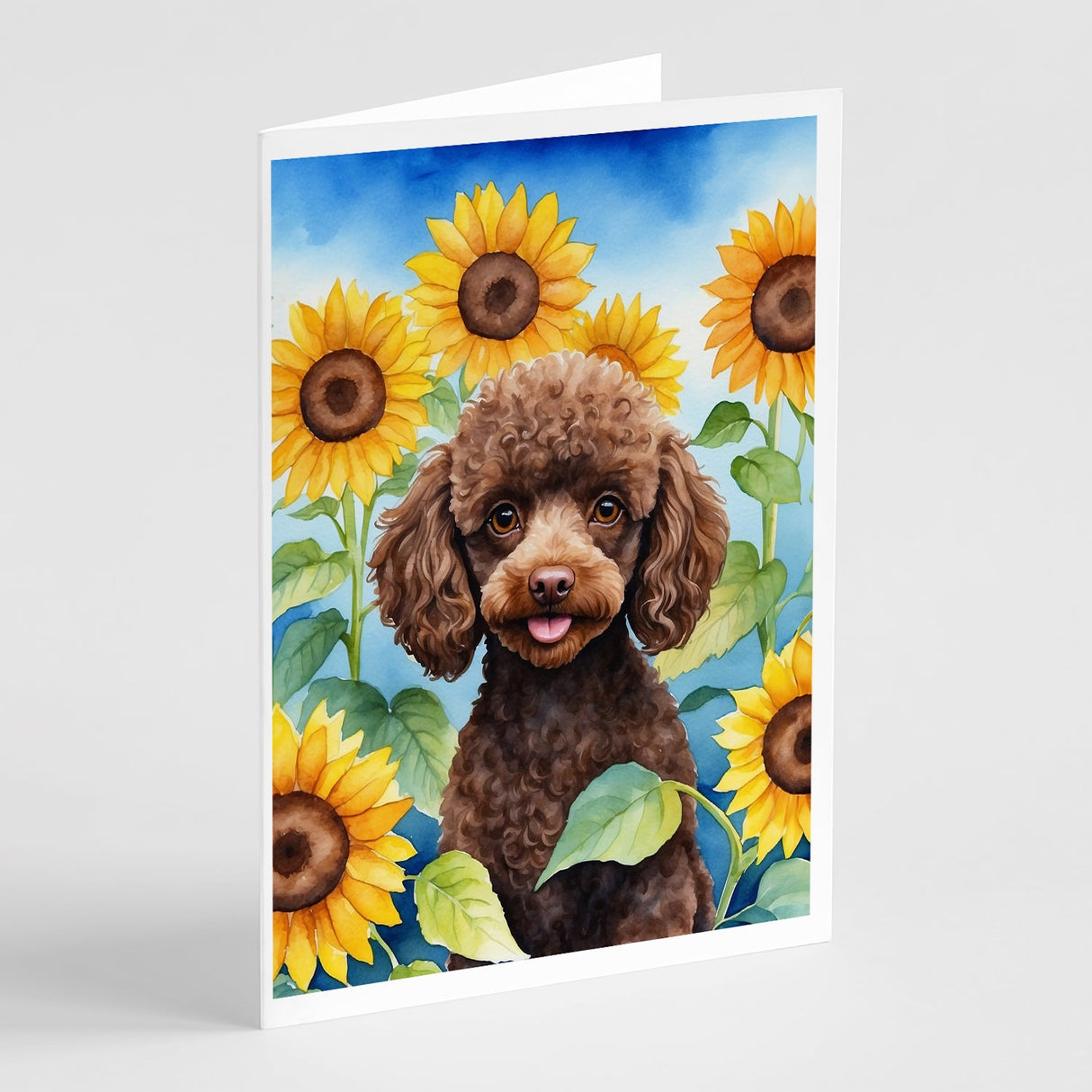 Chocolate Poodle in Sunflowers Greeting Cards Pack of 8