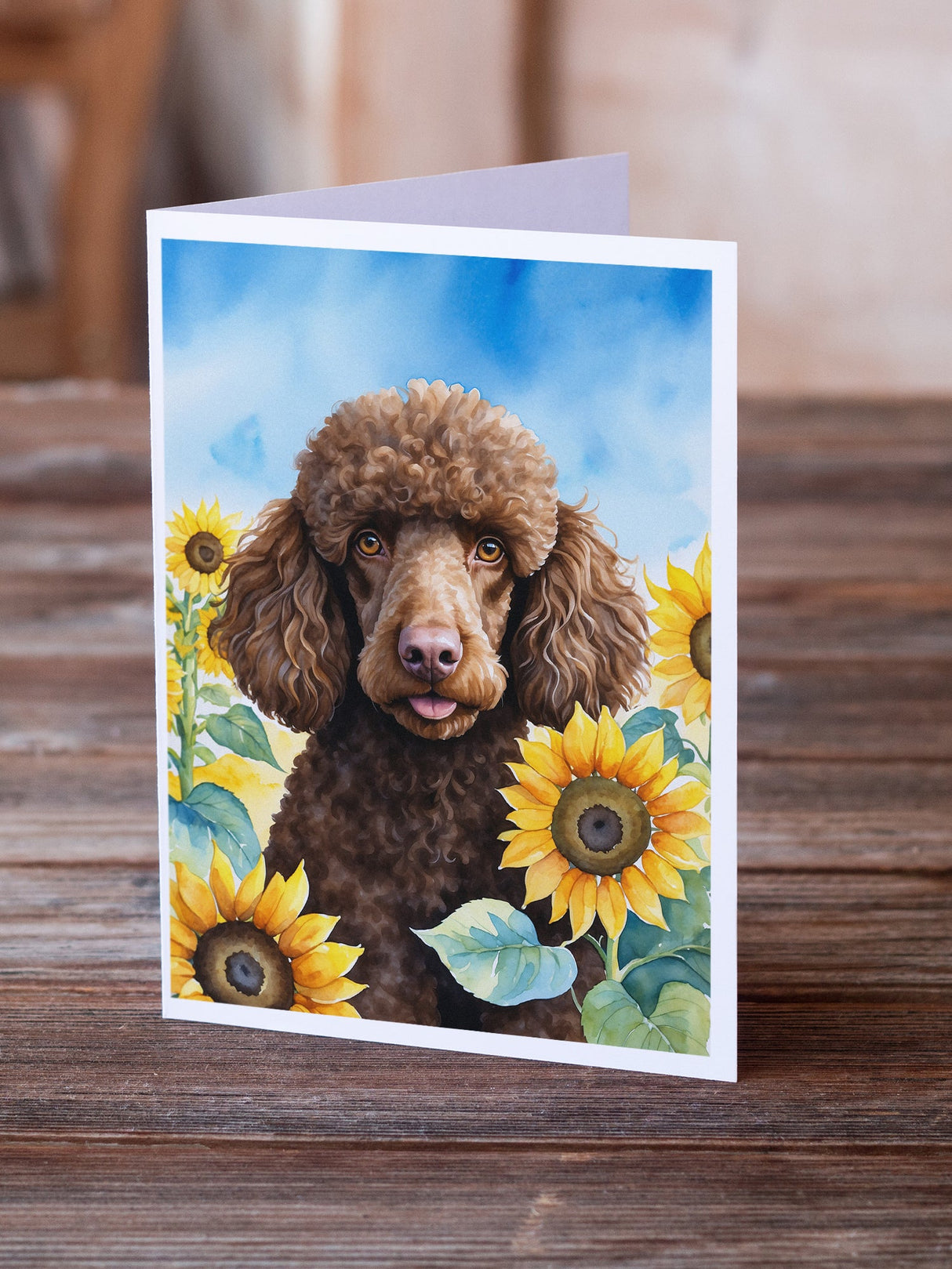 Chocolate Poodle in Sunflowers Greeting Cards Pack of 8