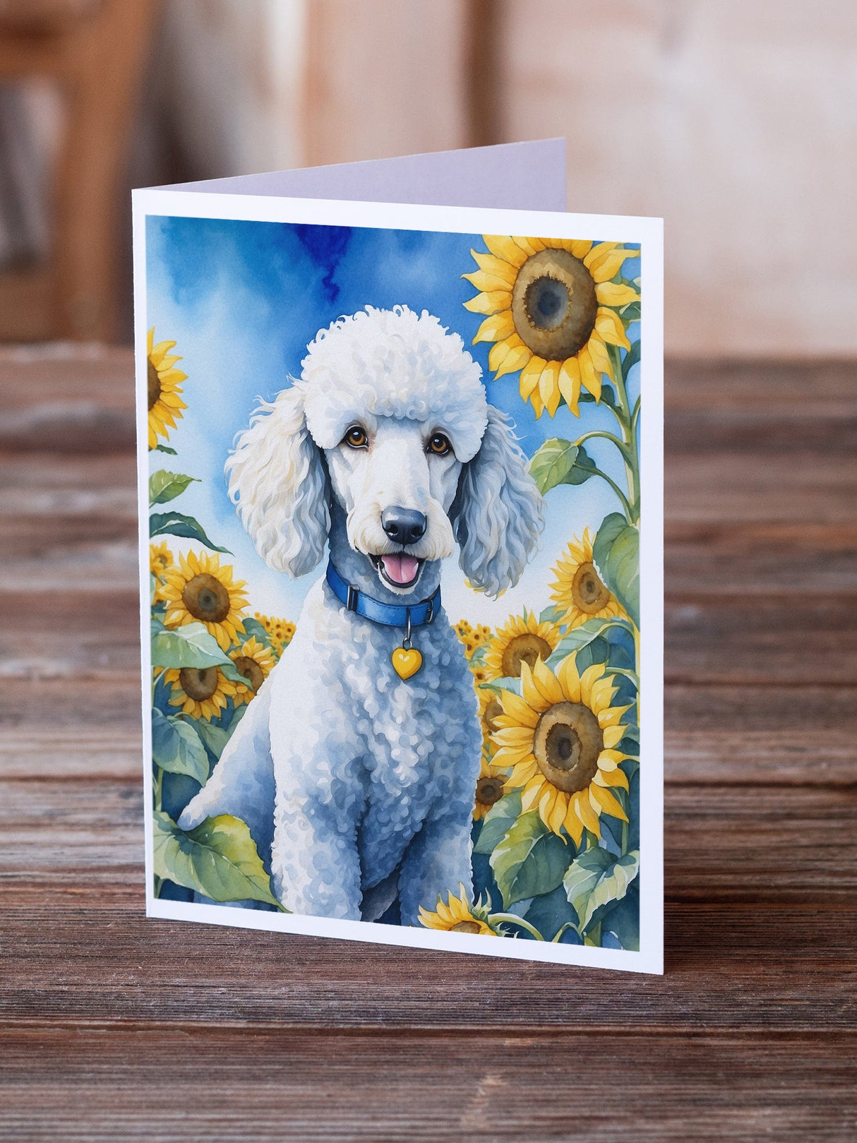 White Poodle in Sunflowers Greeting Cards Pack of 8