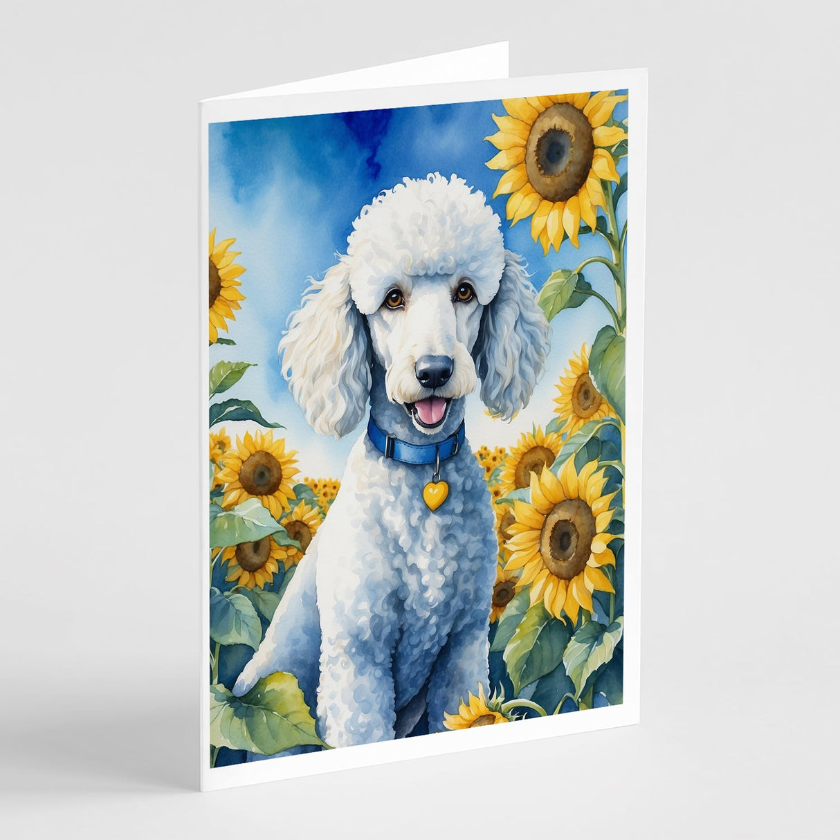 White Poodle in Sunflowers Greeting Cards Pack of 8