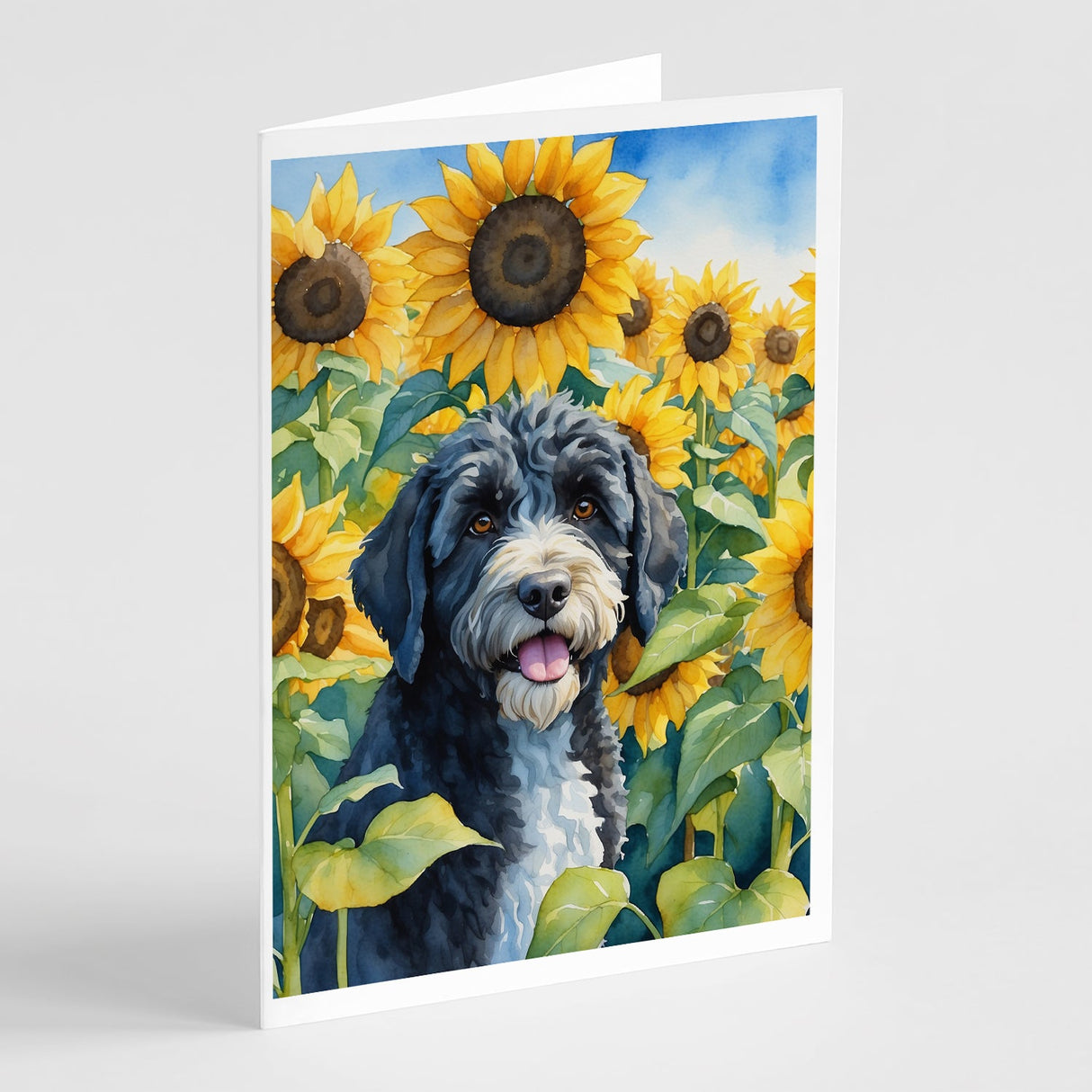 Portuguese Water Dog in Sunflowers Greeting Cards Pack of 8