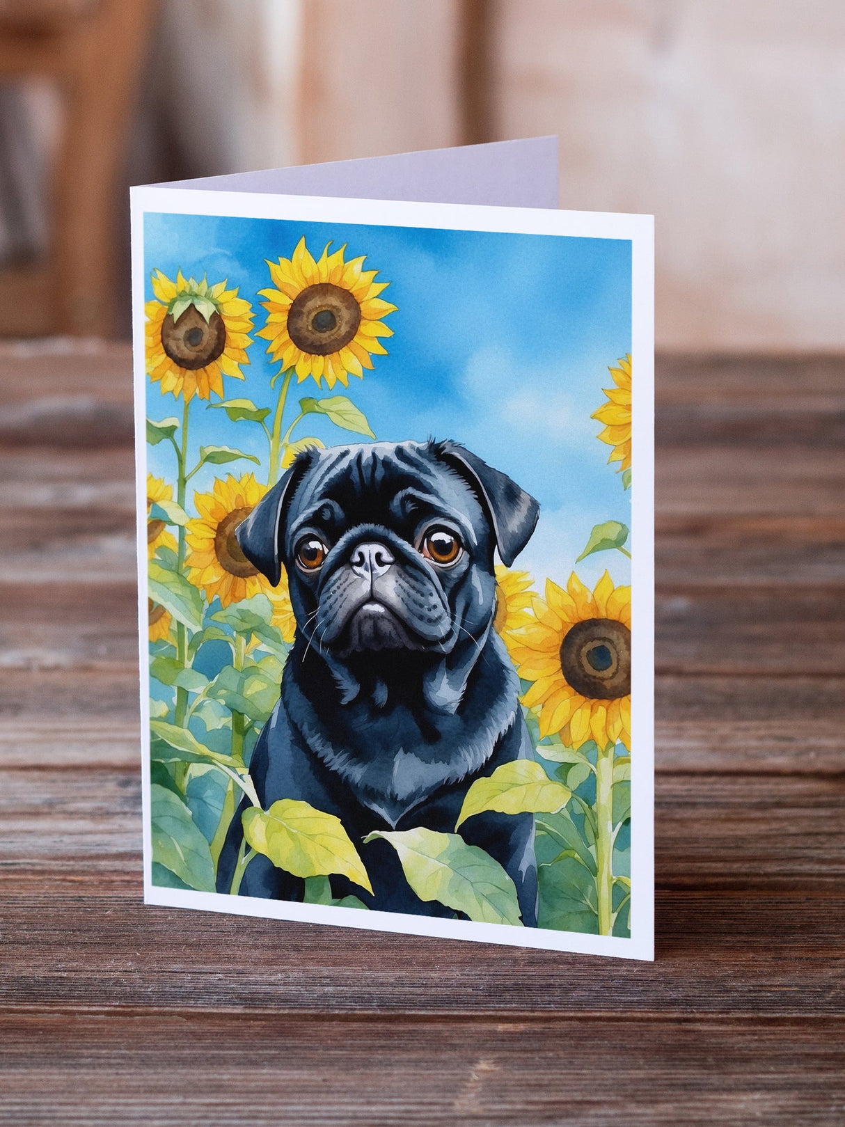 Pug in Sunflowers Greeting Cards Pack of 8