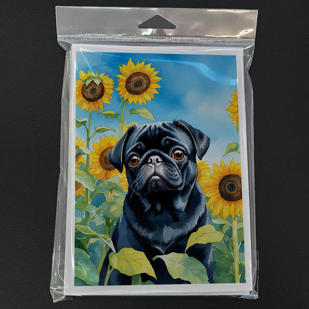 Pug in Sunflowers Greeting Cards Pack of 8