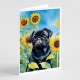 Pug in Sunflowers Greeting Cards Pack of 8