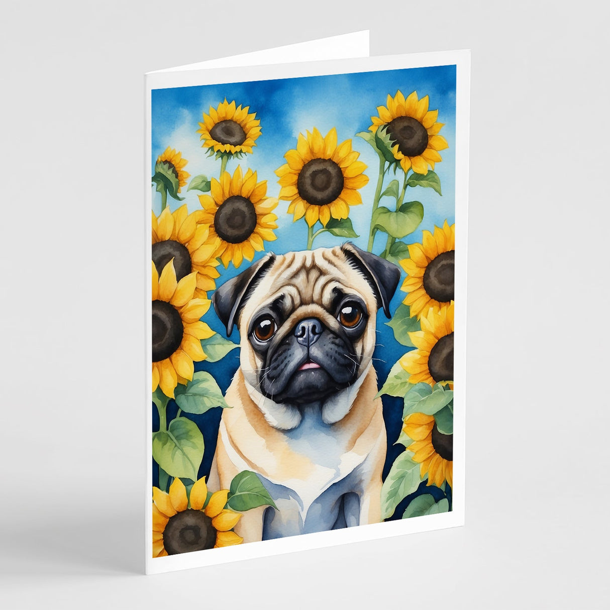 Pug in Sunflowers Greeting Cards Pack of 8