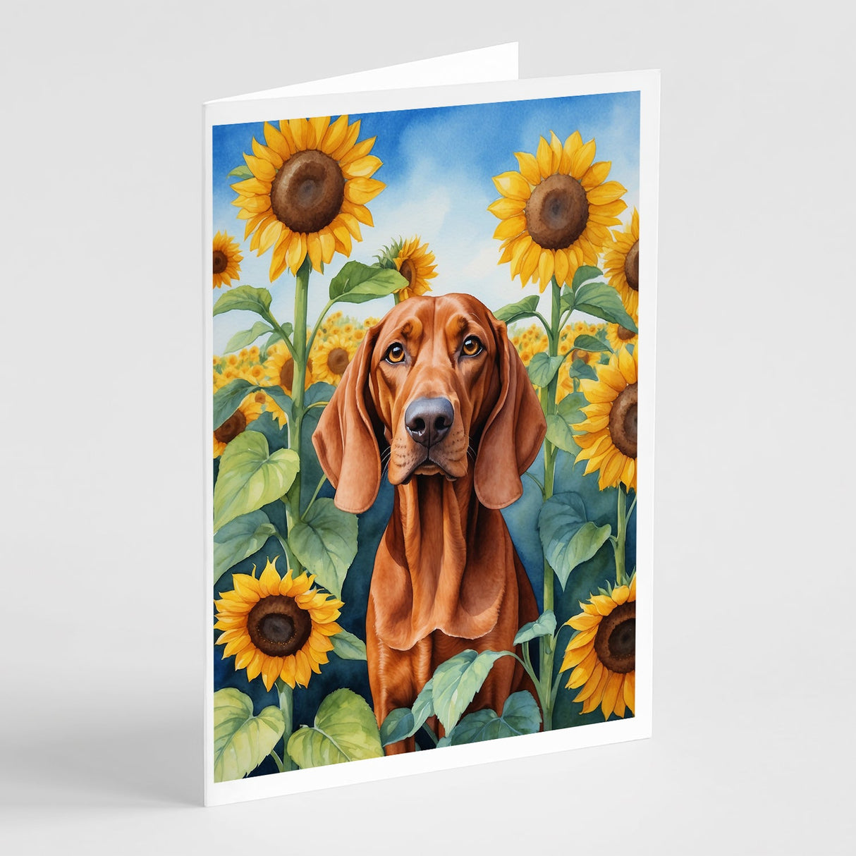 Redbone Coonhound in Sunflowers Greeting Cards Pack of 8