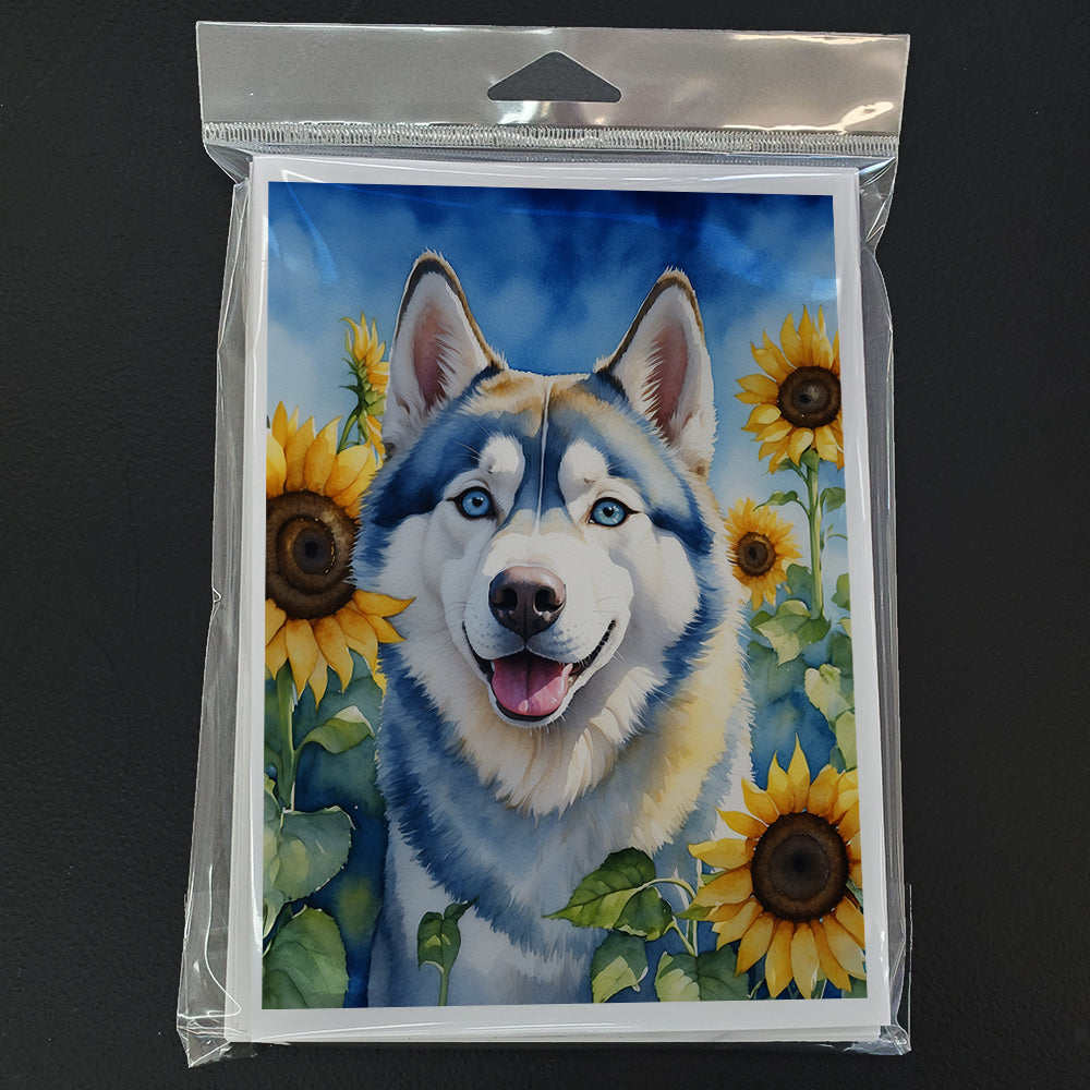 Siberian Husky in Sunflowers Greeting Cards Pack of 8