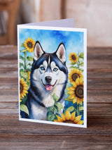 Siberian Husky in Sunflowers Greeting Cards Pack of 8