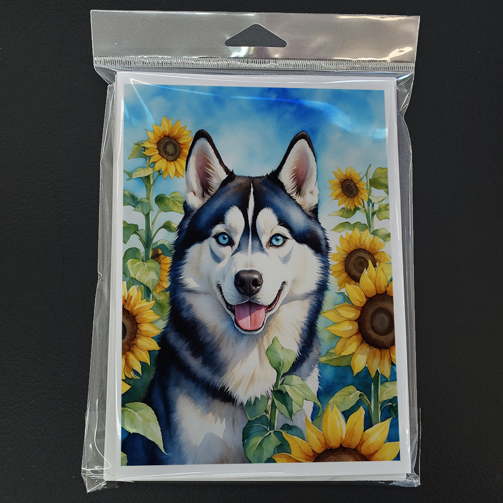 Siberian Husky in Sunflowers Greeting Cards Pack of 8