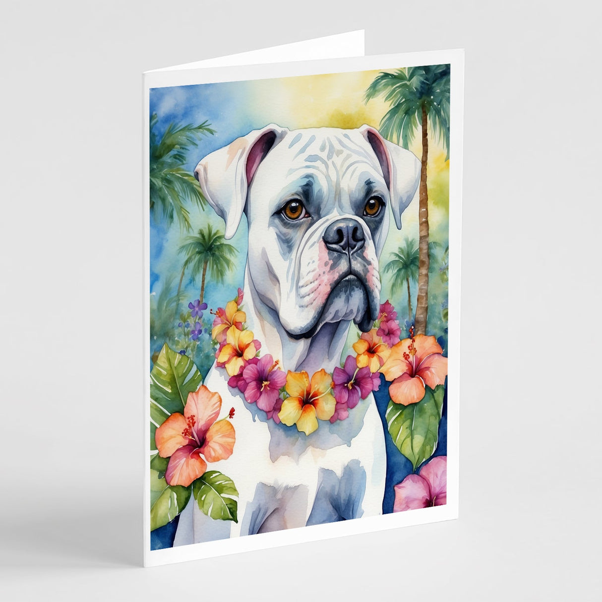 White Boxer Luau Greeting Cards Pack of 8