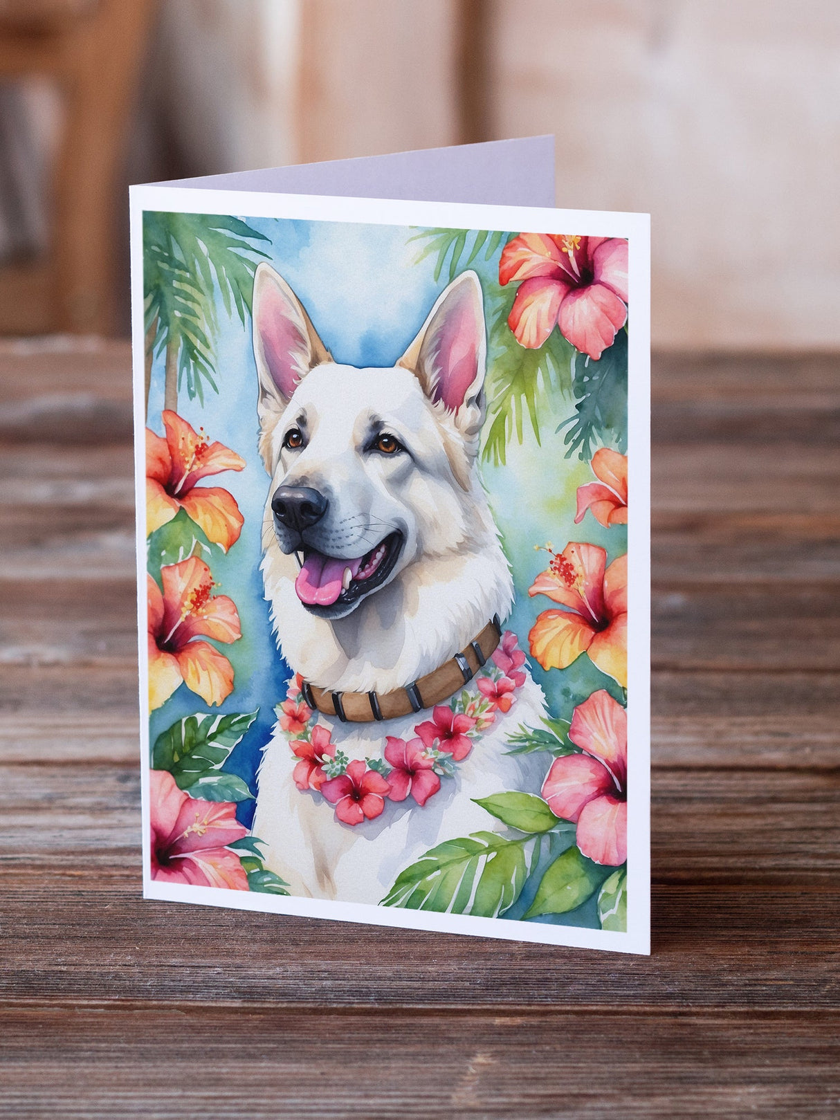 White German Shepherd Luau Greeting Cards Pack of 8